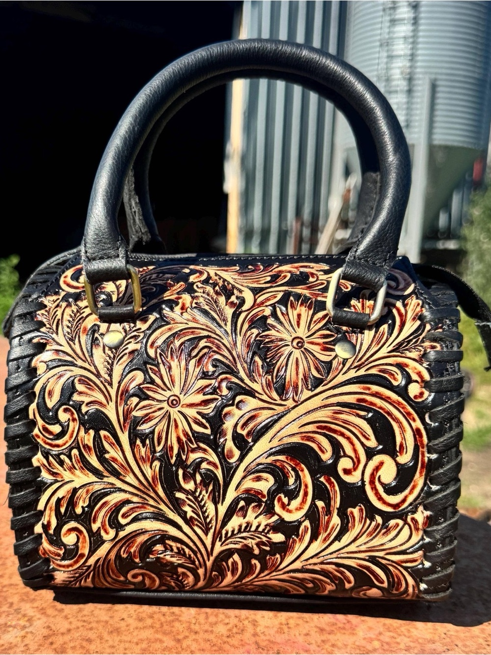 Hand-Tooled Floral Leather Satchel in Black and Tan